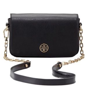 Tory Burch Black crossbody with gold-link chain.